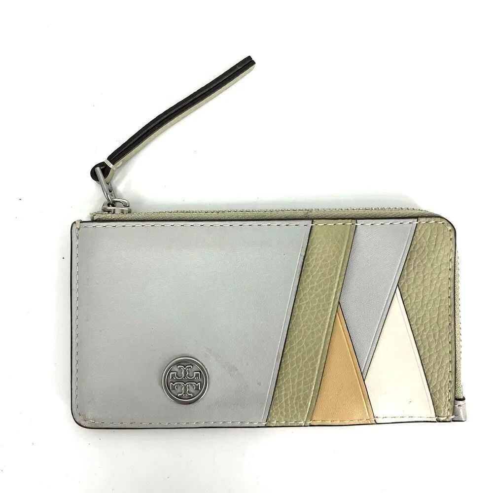 Tory Burch Robinson Color Block Top Zip Card Case Mini Wallet Feather Gray